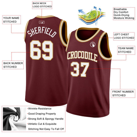 Custom Burgundy White-Old Gold Authentic Basketball Jersey - Sky-Custom