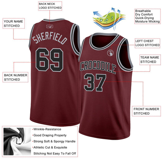 Custom Burgundy Black-Gray Authentic Basketball Jersey - Sky-Custom