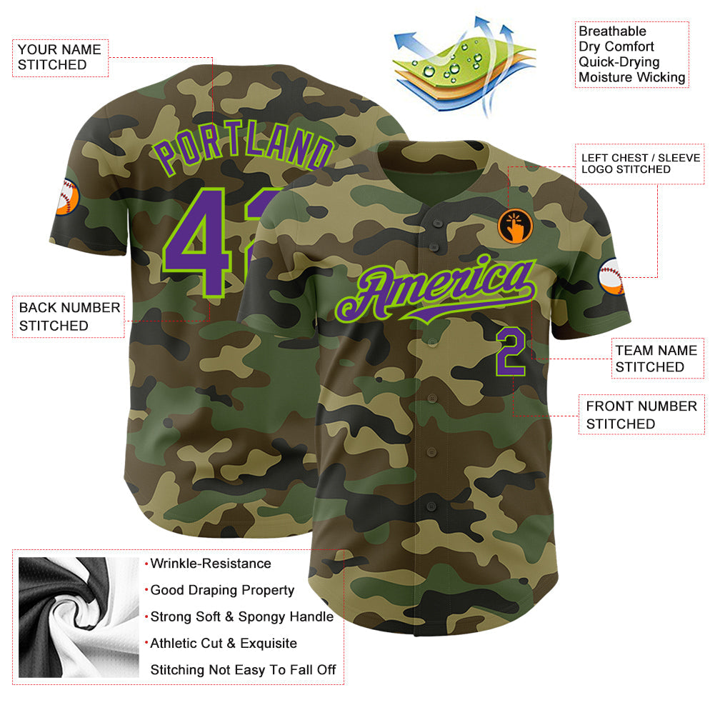 Custom Camo Purple-Neon Green Authentic Salute To Service Baseball Jersey - Sky-Custom