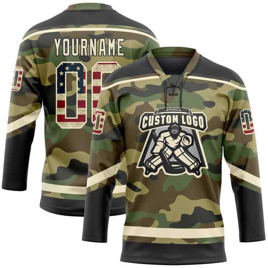 Custom Camo Vintage USA Flag Cream-Black Salute To Service Hockey Lace Neck Jersey - Sky-Custom