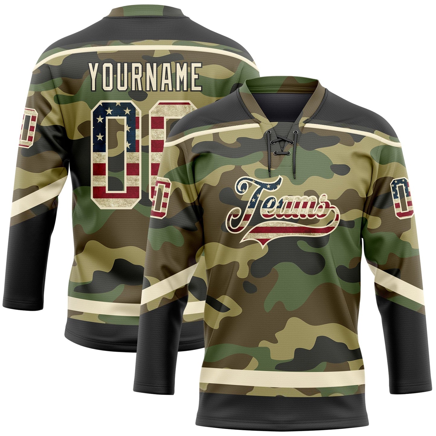 Custom Camo Vintage USA Flag Cream-Black Salute To Service Hockey Lace Neck Jersey - Sky-Custom