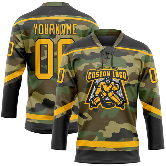 Custom Camo Gold-Black Salute To Service Hockey Lace Neck Jersey - Sky-Custom
