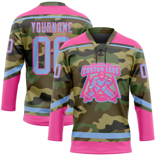 Custom Camo Light Blue-Pink Salute To Service Hockey Lace Neck Jersey - Sky-Custom