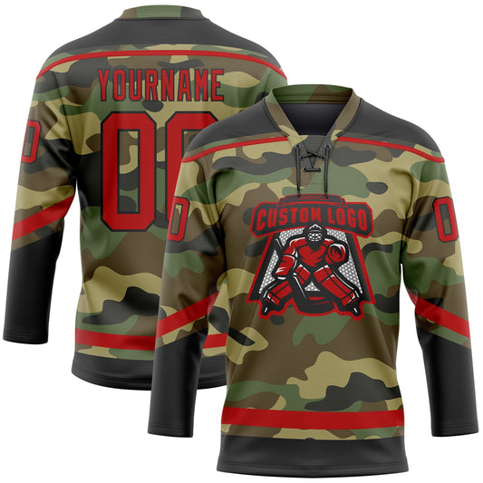 Custom Camo Red-Black Salute To Service Hockey Lace Neck Jersey - Sky-Custom