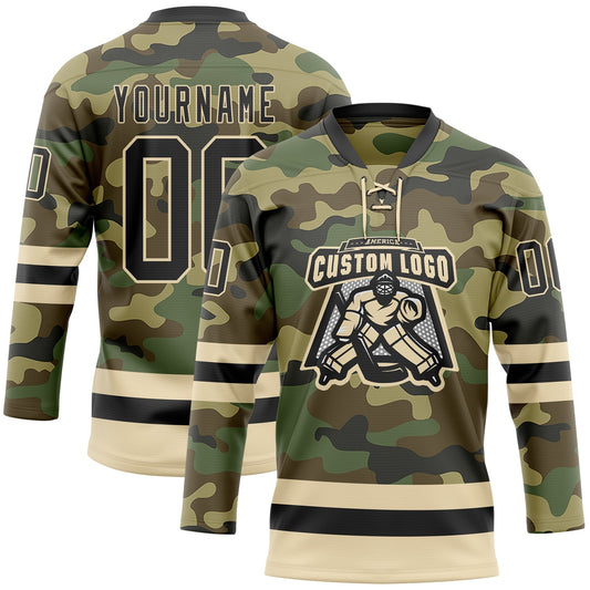 Custom Camo Black-Cream Salute To Service Hockey Lace Neck Jersey - Sky-Custom