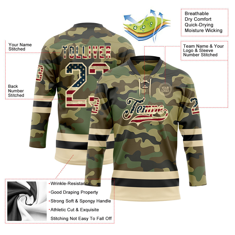 Custom Camo Vintage USA Flag Cream-Black Salute To Service Hockey Lace Neck Jersey - Sky-Custom