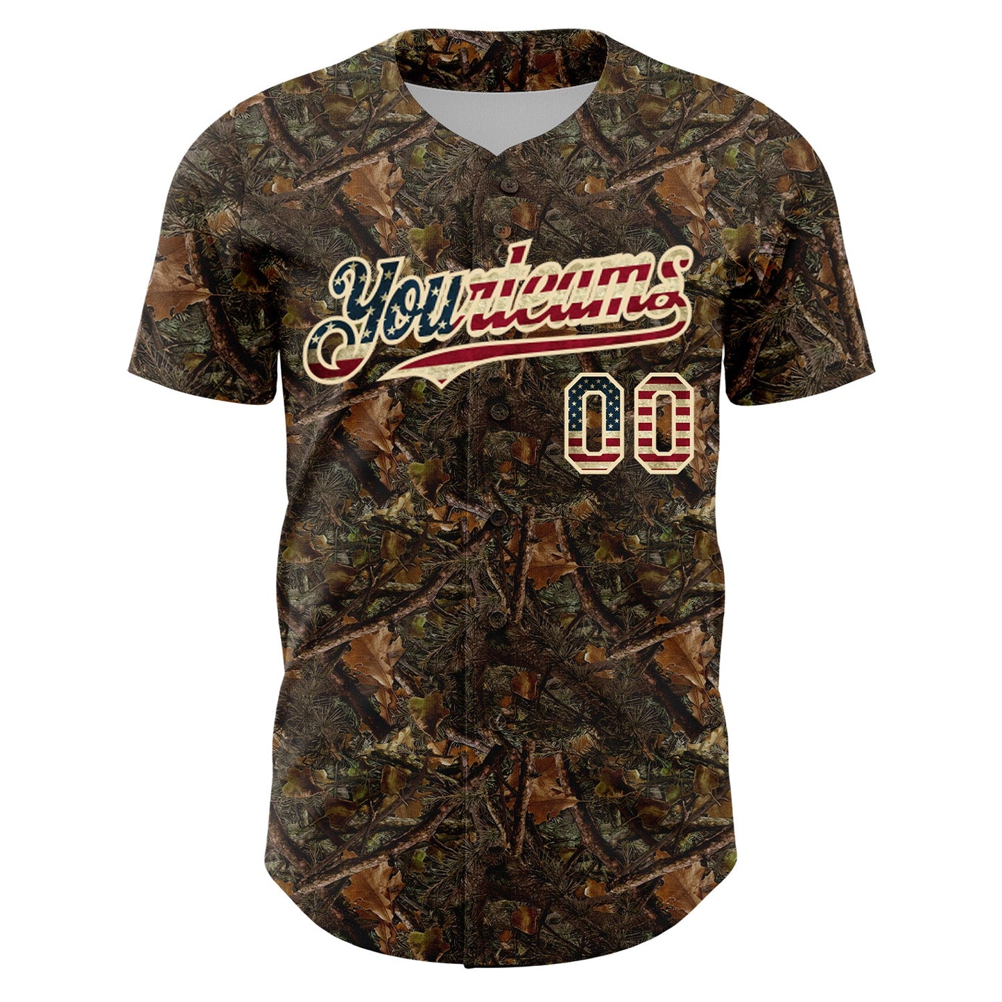 Custom Camo Vintage USA Flag-Cream 3D Woodland Camo Authentic Salute To Service Baseball Jersey - Sky-Custom