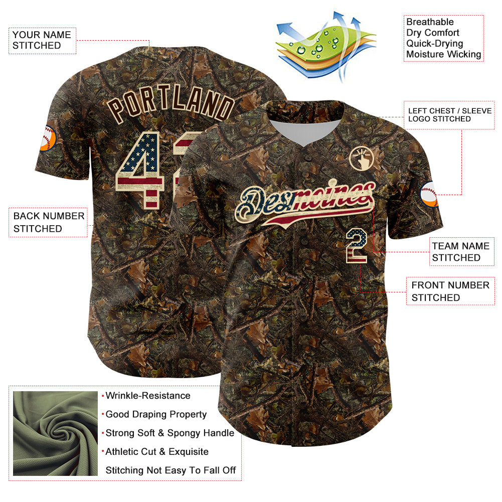 Custom Camo Vintage USA Flag-Cream 3D Woodland Camo Authentic Salute To Service Baseball Jersey - Sky-Custom