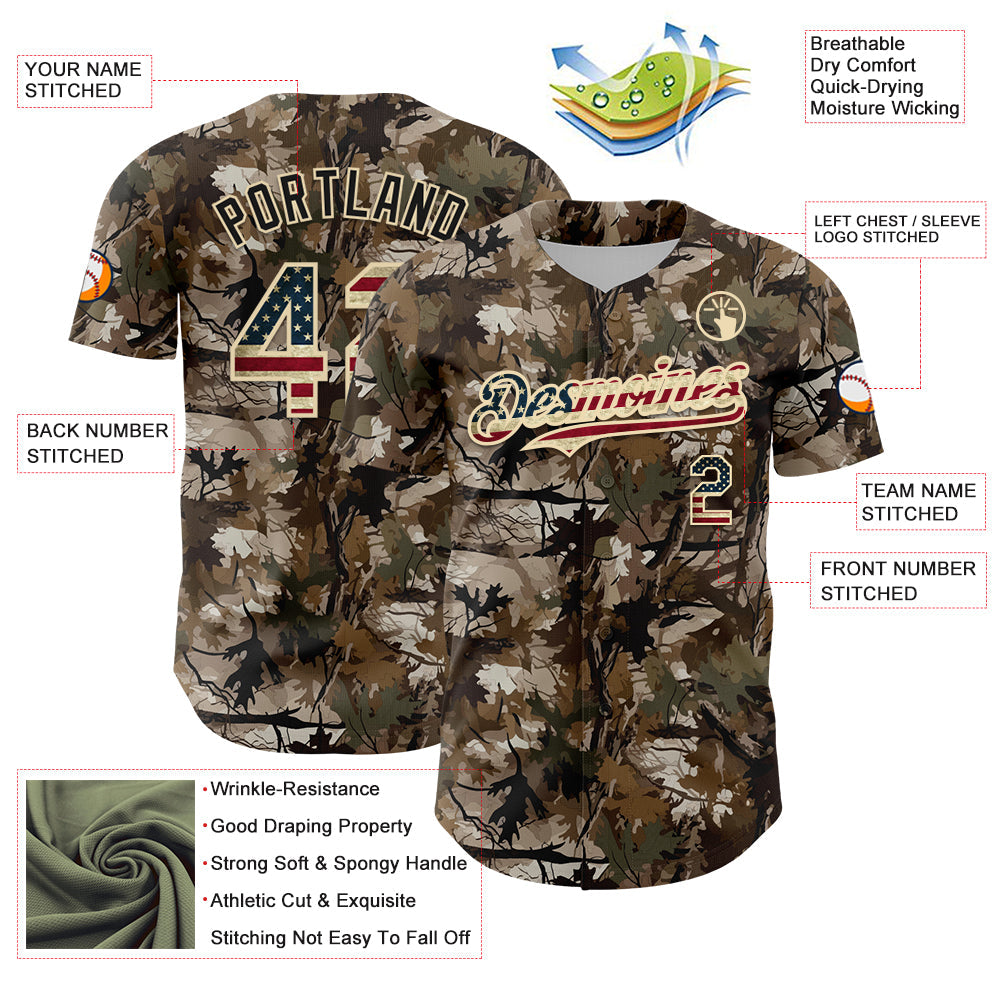 Custom Camo Vintage USA Flag-Cream 3D Woodland Camo Authentic Salute To Service Baseball Jersey - Sky-Custom