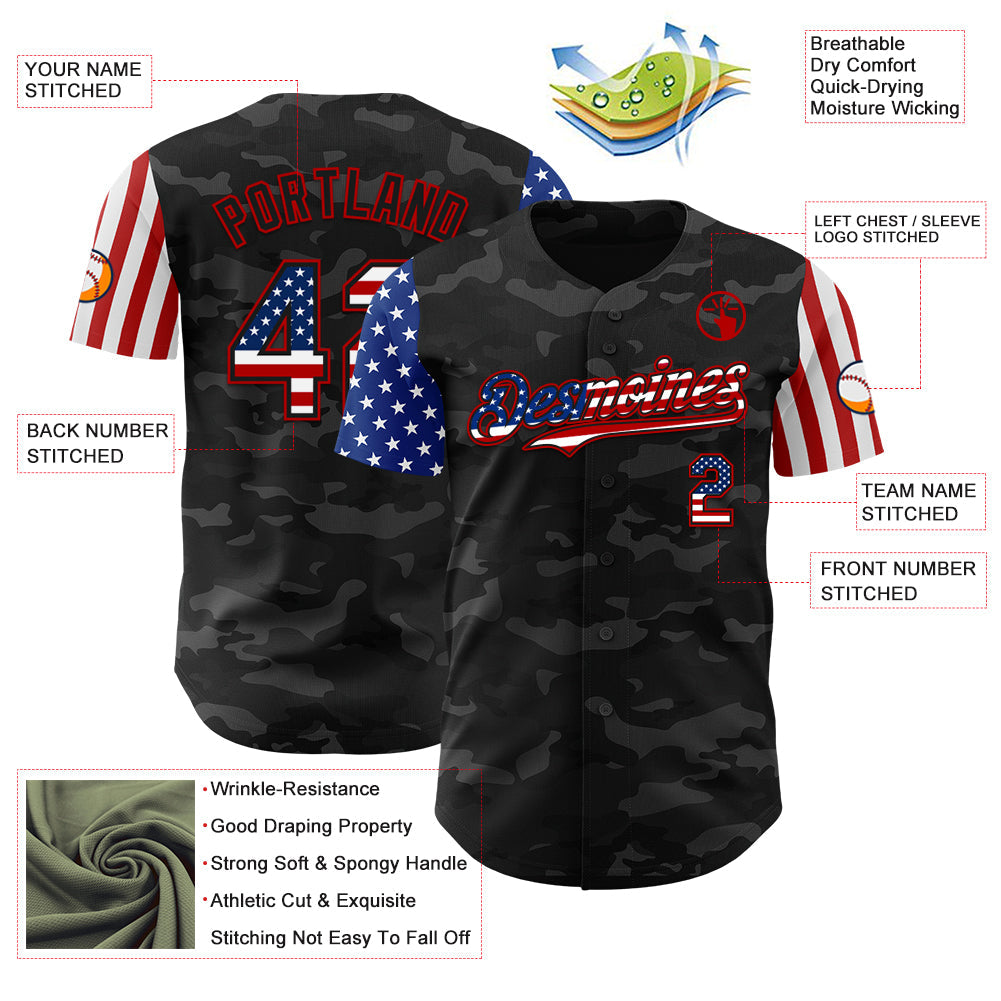 Custom Camo USA Flag Black-Red 3D Authentic Salute To Service Baseball Jersey - Sky-Custom