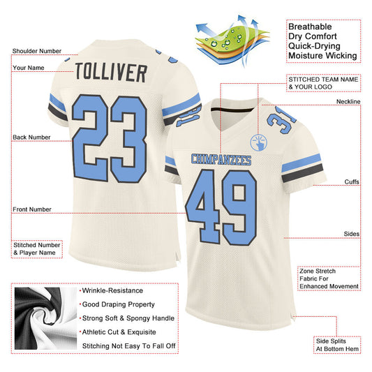 Custom Cream Light Blue-Steel Gray Mesh Authentic Football Jersey - Sky-Custom
