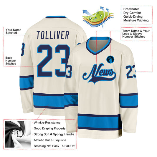 Custom Cream Navy-Blue Hockey Jersey - Sky-Custom