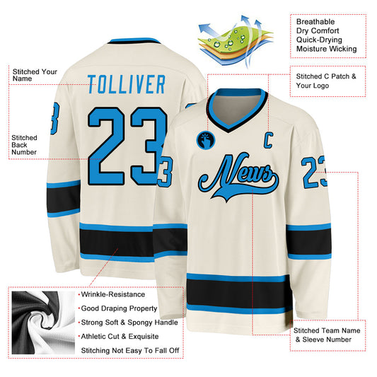 Custom Cream Blue-Black Hockey Jersey - Sky-Custom