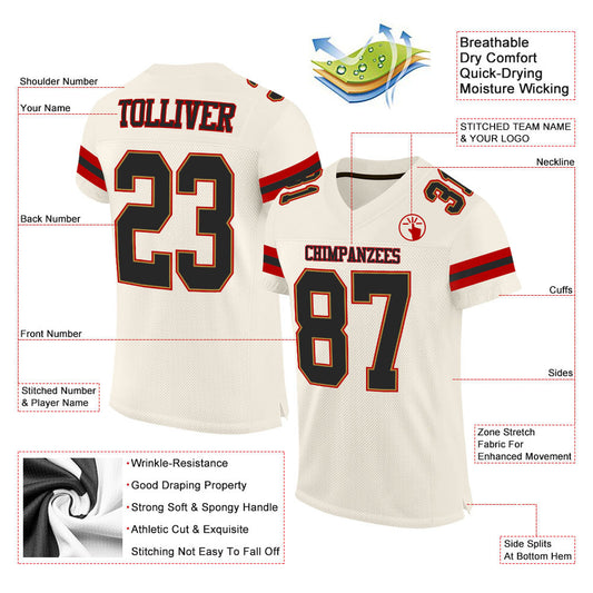 Custom Cream Black-Red Mesh Authentic Football Jersey - Sky-Custom