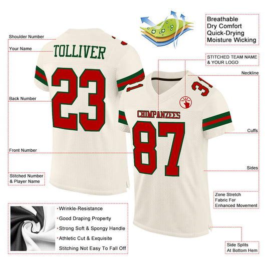 Custom Cream Red-Green Mesh Authentic Football Jersey - Sky-Custom