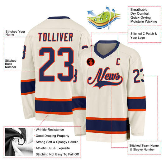 Custom Cream Navy-Orange Hockey Jersey - Sky-Custom