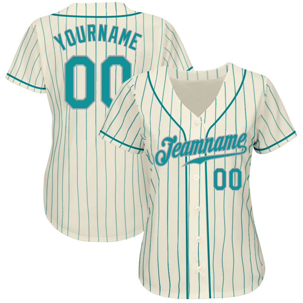 Custom Cream Teal Pinstripe Teal-Gray Authentic Baseball Jersey - Sky-Custom