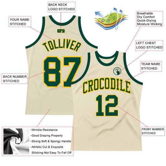 Custom Cream Green-Gold Authentic Throwback Basketball Jersey - Sky-Custom