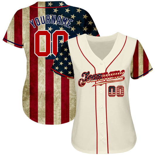 Custom Cream Red-Navy 3D American Flag Authentic Baseball Jersey - Sky-Custom