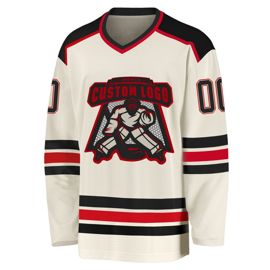 Custom Cream Black-Red Hockey Jersey - Sky-Custom