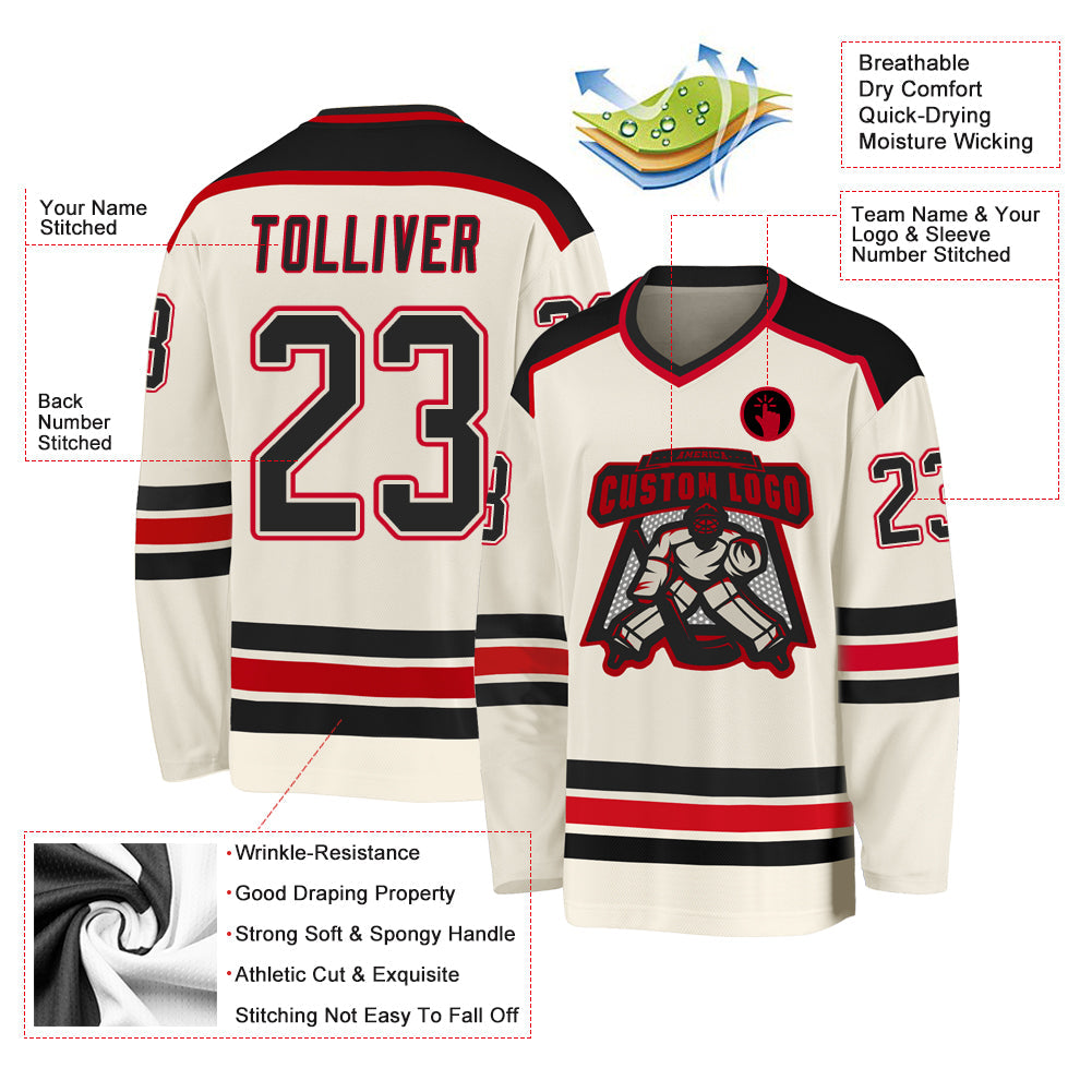 Custom Cream Black-Red Hockey Jersey - Sky-Custom