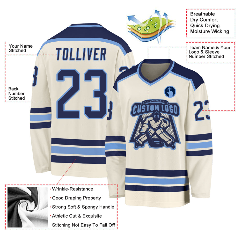 Custom Cream Navy-Light Blue Hockey Jersey - Sky-Custom