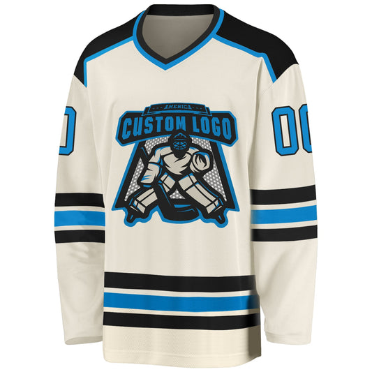 Custom Cream Blue-Black Hockey Jersey - Sky-Custom