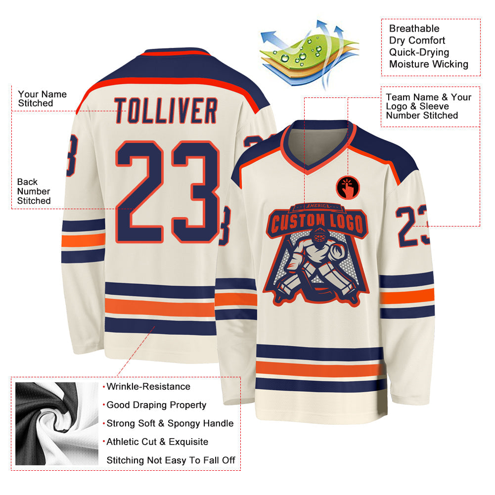 Custom Cream Navy-Orange Hockey Jersey - Sky-Custom
