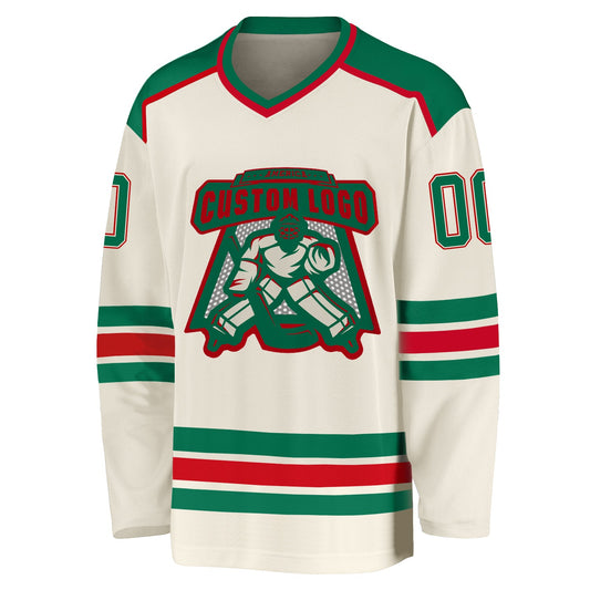 Custom Cream Kelly Green-Red Hockey Jersey - Sky-Custom