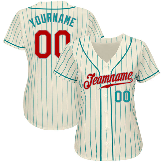 Custom Cream Teal Pinstripe Red Teal-Gray Authentic Baseball Jersey - Sky-Custom