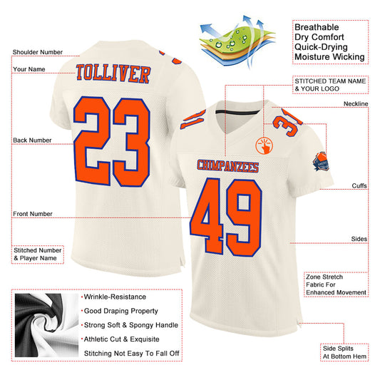 Custom Cream Orange-Royal Mesh Authentic Football Jersey - Sky-Custom