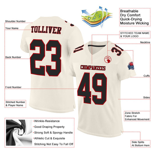 Custom Cream Black-Red Mesh Authentic Football Jersey - Sky-Custom
