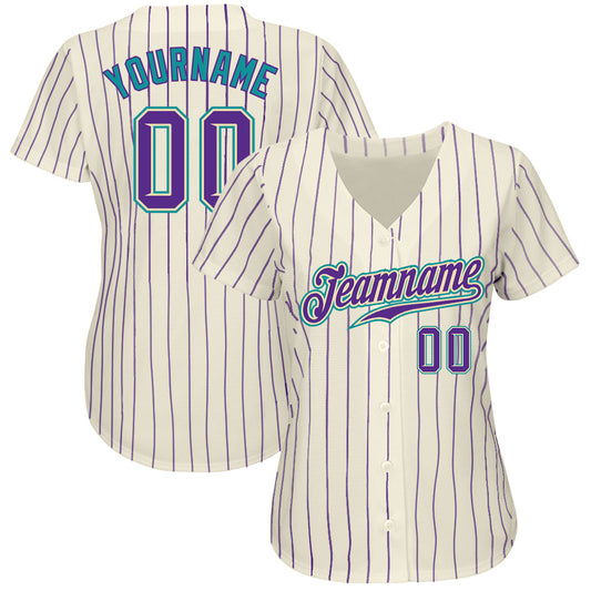 Custom Cream Purple Pinstripe Purple-Teal Authentic Baseball Jersey - Sky-Custom