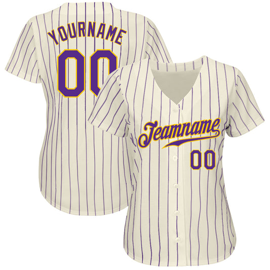 Custom Cream Purple Pinstripe Purple-Gold Authentic Baseball Jersey - Sky-Custom
