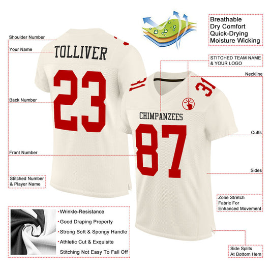 Custom Cream Red Mesh Authentic Football Jersey - Sky-Custom