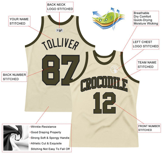 Custom Cream Olive-Black Authentic Throwback Basketball Jersey - Sky-Custom