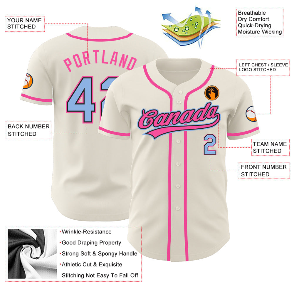 Custom Cream Light Blue Black-Pink Authentic Baseball Jersey - Sky-Custom