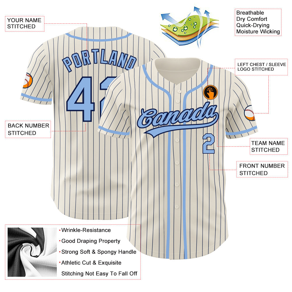 Custom Cream Navy Pinstripe Light Blue Authentic Baseball Jersey - Sky-Custom