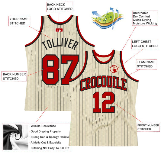 Custom Cream Black Pinstripe Red Authentic Basketball Jersey - Sky-Custom