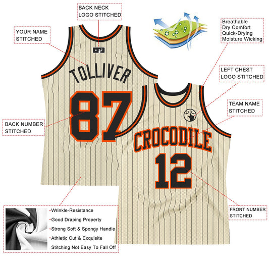 Custom Cream Black Pinstripe Black-Orange Authentic Basketball Jersey - Sky-Custom