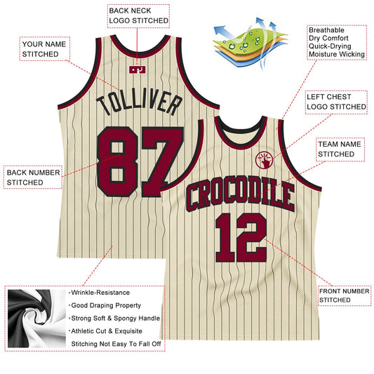 Custom Cream Black Pinstripe Maroon Authentic Basketball Jersey - Sky-Custom