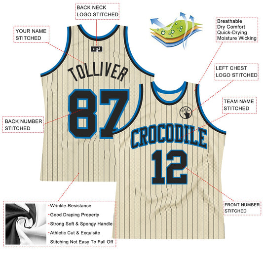 Custom Cream Black Pinstripe Black-Blue Authentic Basketball Jersey - Sky-Custom