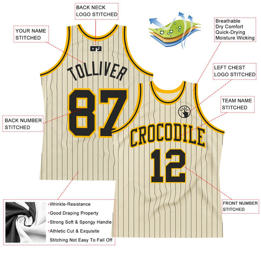 Custom Cream Black Pinstripe Black-Gold Authentic Basketball Jersey - Sky-Custom