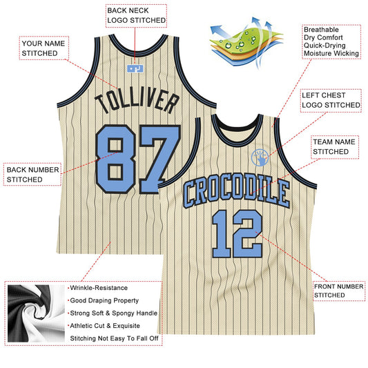 Custom Cream Black Pinstripe Blue Authentic Basketball Jersey - Sky-Custom