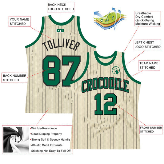 Custom Cream Black Pinstripe Kelly Green Authentic Basketball Jersey - Sky-Custom