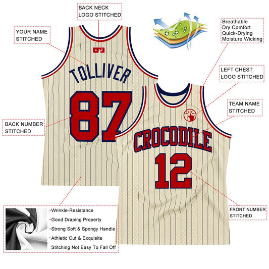 Custom Cream Navy Pinstripe Red Authentic Basketball Jersey - Sky-Custom