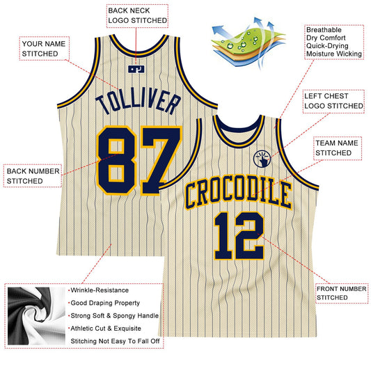 Custom Cream Navy Pinstripe Navy-Gold Authentic Basketball Jersey - Sky-Custom