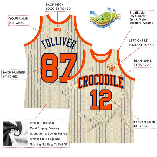 Custom Cream Navy Pinstripe Orange Authentic Basketball Jersey - Sky-Custom