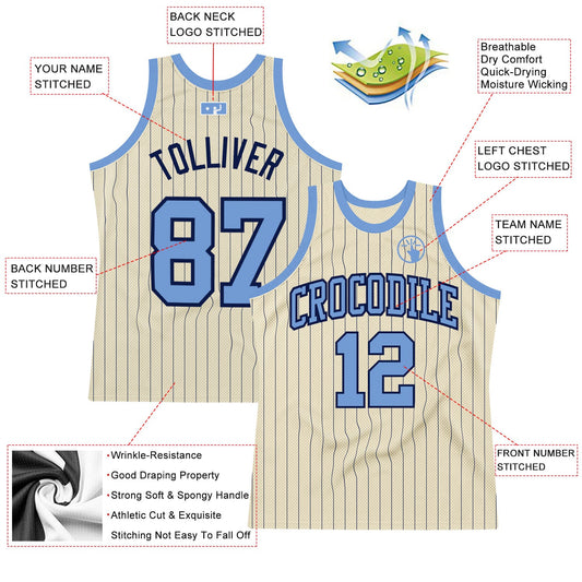 Custom Cream Navy Pinstripe Light Blue Authentic Basketball Jersey - Sky-Custom