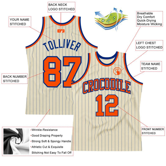 Custom Cream Royal Pinstripe Orange Authentic Basketball Jersey - Sky-Custom